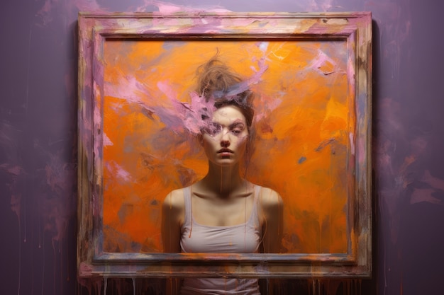 Pintura 3D abstrata ganhando vida com pessoa e quadro