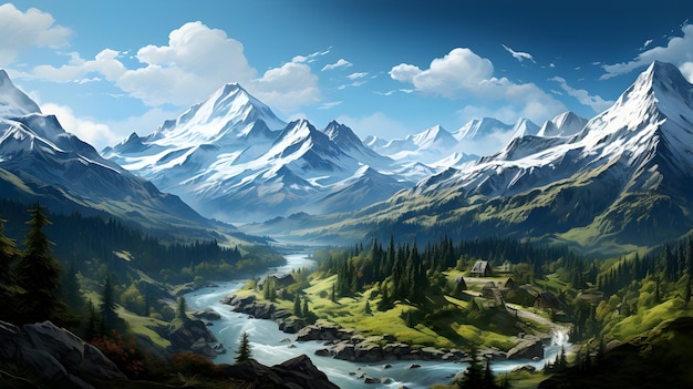 pintura de paisagem de montanha florestal