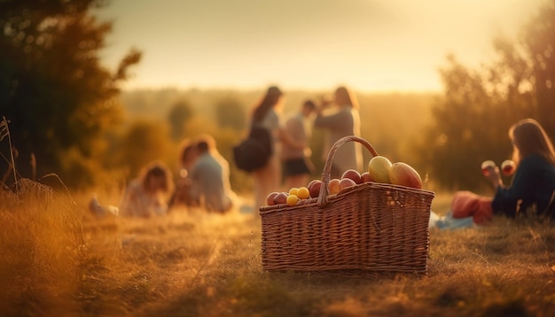 Foto grátis piquenique em família no prado desfrutando de frutas frescas geradas por ia