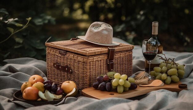 Piquenique gourmet em mesa de madeira rústica ao ar livre gerada por IA