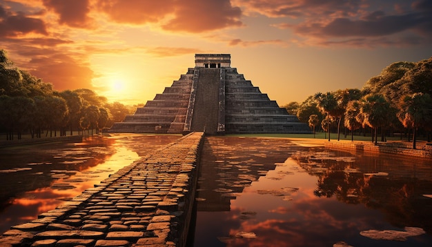 Pirâmide antiga banhada pelo pôr do sol gerado pela inteligência artificial