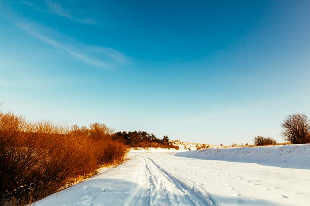 Pista de esqui perspectiva diminuindo na paisagem de neve contra o céu azul