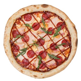 Pizza de pepperoni original clássica italiana saborosa vista superior isolada em branco