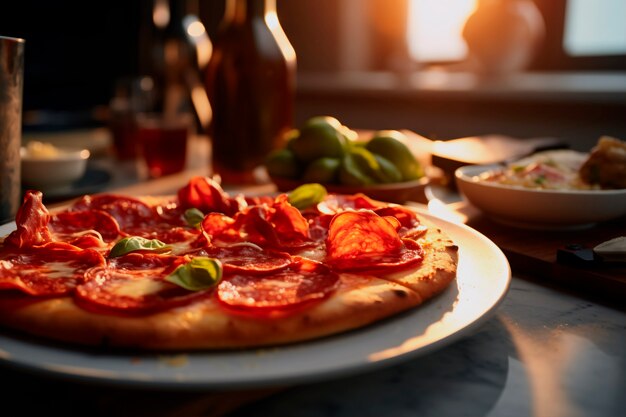 Pizza deliciosa dentro de casa