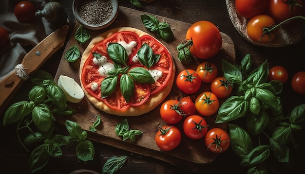 Pizza vegetariana italiana fresca na mesa de madeira rústica gerada por ia