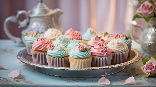 Planalto com sobremesas doces de cupcake com cobertura por cima