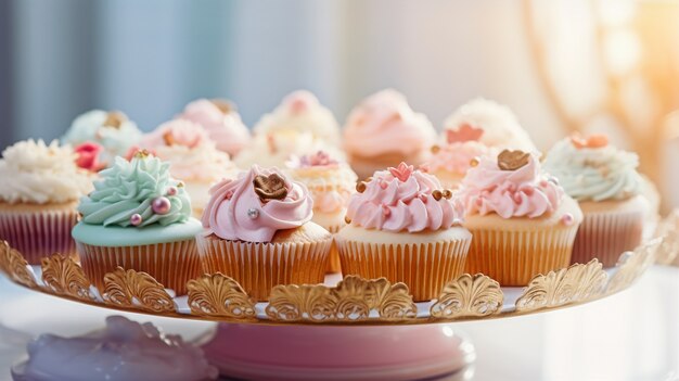 Planalto com sobremesas doces de cupcake com cobertura por cima