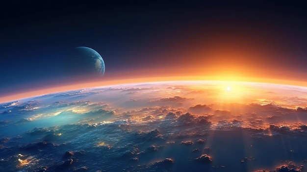 Planeta Terra com uma espetacular imagem gerada por IA do pôr do sol