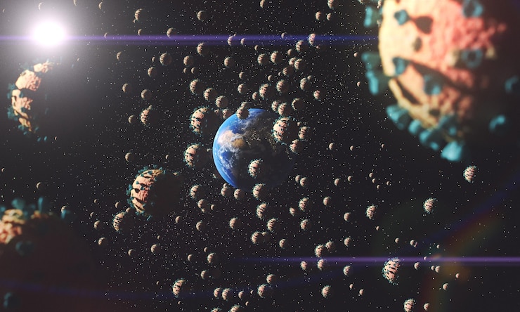 Foto grátis planeta terra sendo cercada por vírus