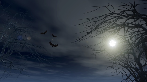 Foto grátis plano de fundo de halloween com árvores assustadoras em um céu iluminado pela lua