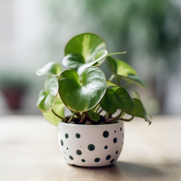 Planta de casa verde em uma panela em uma mesa de madeira Foco seletivo