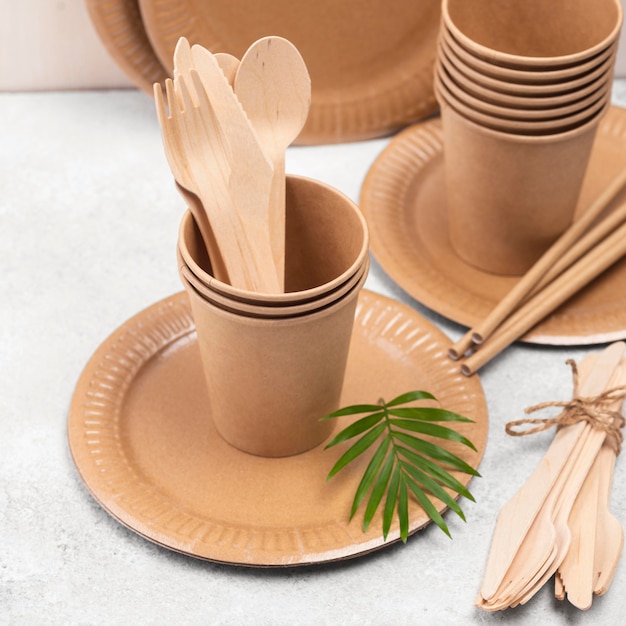 Planta e utensílios de mesa descartáveis ecológicos