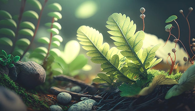 Foto grátis plantas verdes na floresta closeup generative al
