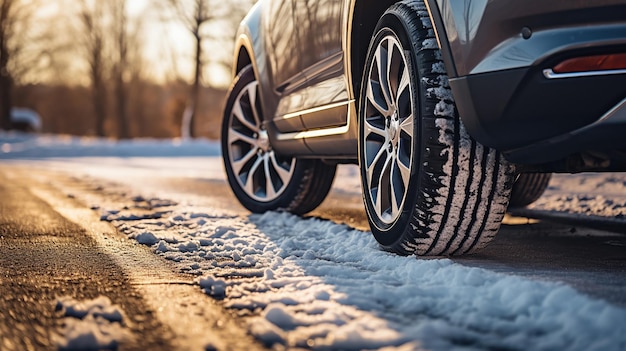 Pneus de carro prontos para a neve numa estrada fria