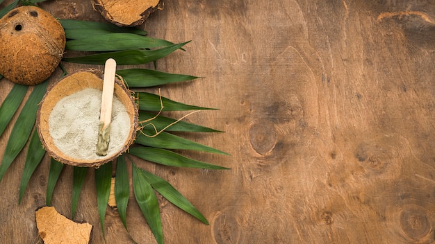 Foto grátis pó em casca de coco com espaço de cópia