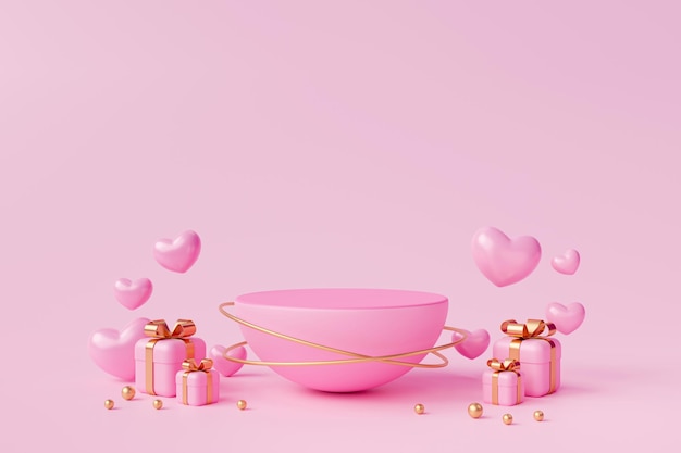 Pódio de cilindro rosa com corações e suporte de exibição de produto de pedestal de caixa de presente rosa plataforma de amor romance em fundo rosa renderização em 3D