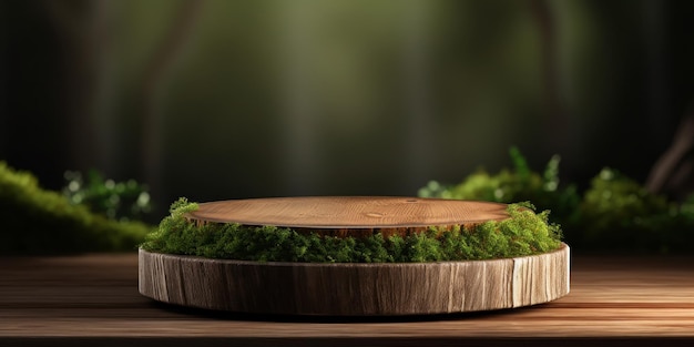 Pódio de madeira com musgo verde natural e orgânico