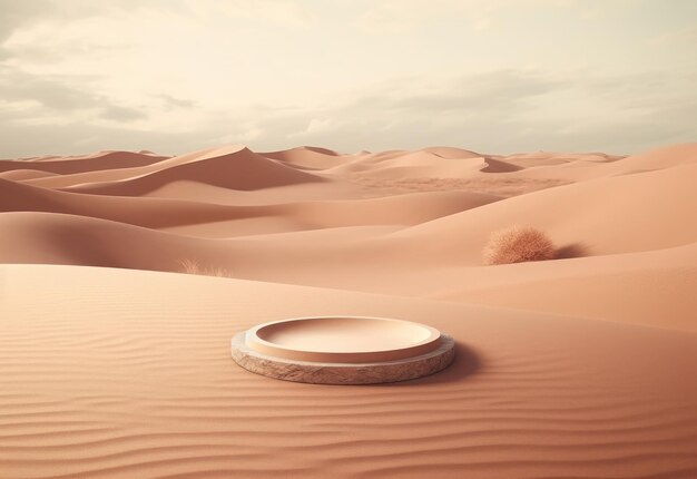 Pódio na exibição de fundo de areia com pára-sol e sombra no fundo para perfume cosmético fa