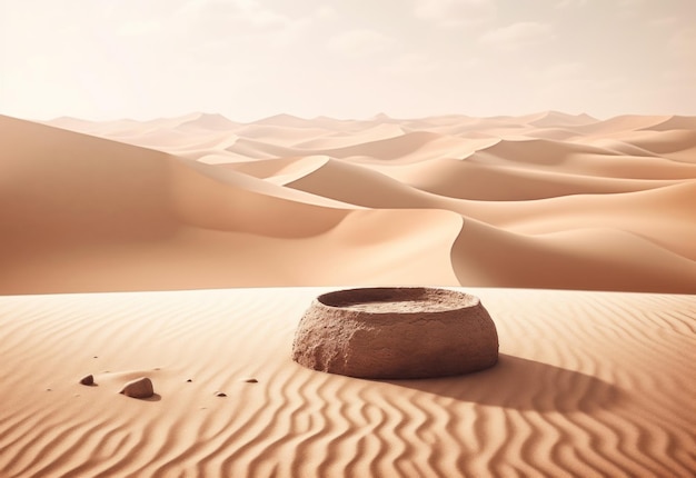 Pódio na exibição de fundo de areia com pára-sol e sombra no fundo para perfume cosmético fa