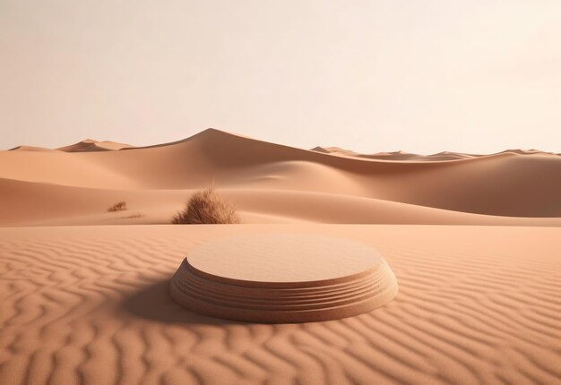 Pódio na exibição de fundo de areia com pára-sol e sombra no fundo para perfume cosmético fa