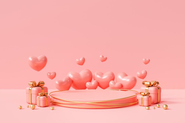 Pódio rosa com suporte de exibição de produto de pedestal de cilindro de coração plataforma de amor romance em fundo rosa renderização em 3D