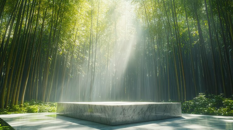 Foto grátis podium de mármore para exposição de produtos com paisagem natural