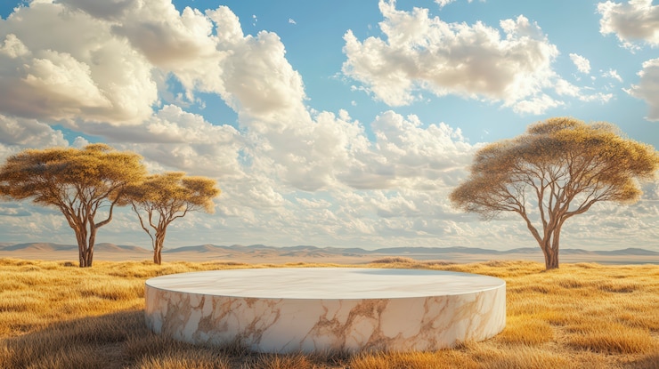 Foto grátis podium de mármore para vitrine de produtos com fundo de paisagem