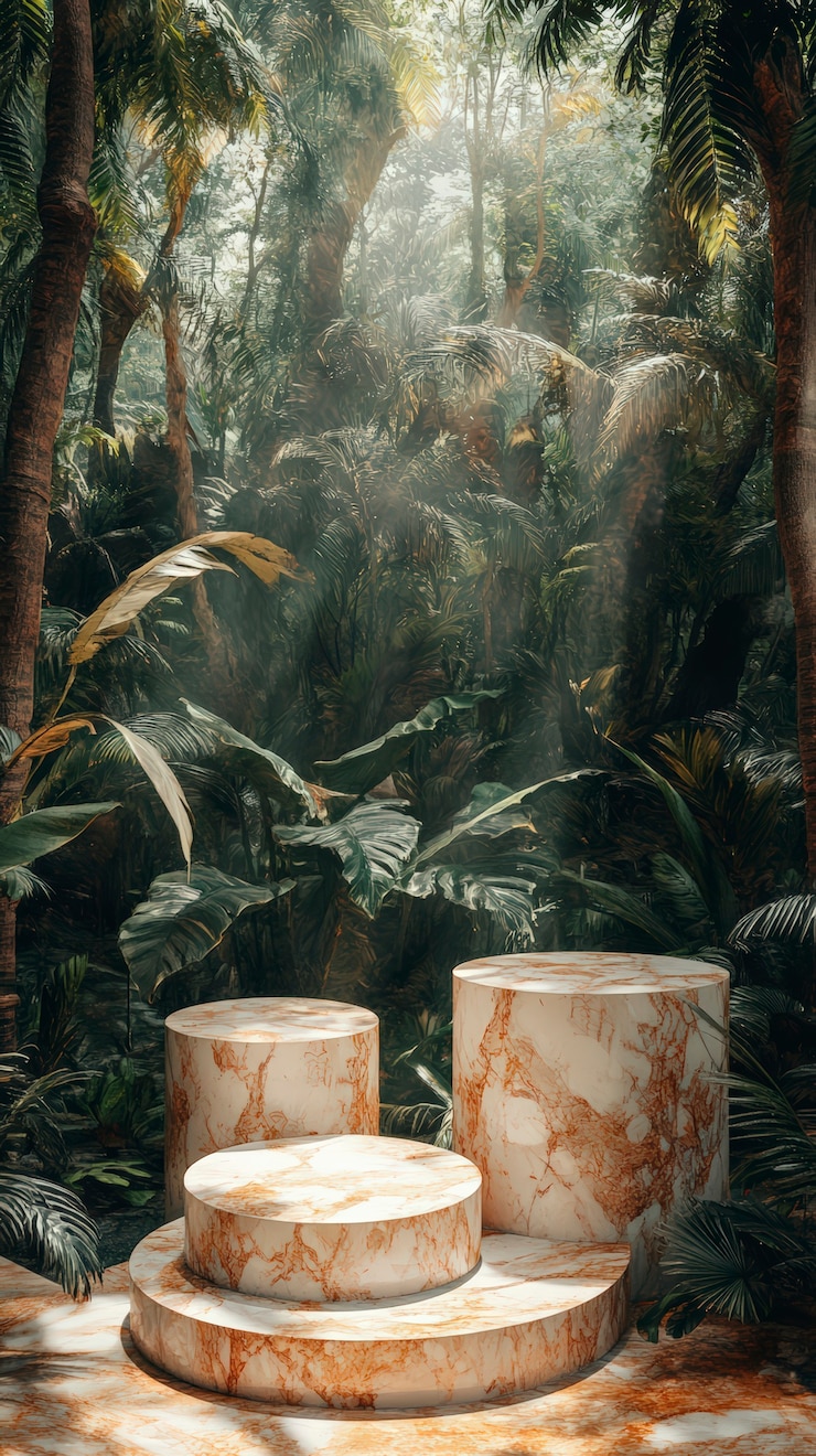 Foto grátis podium de mármore para vitrine de produtos com fundo de paisagem