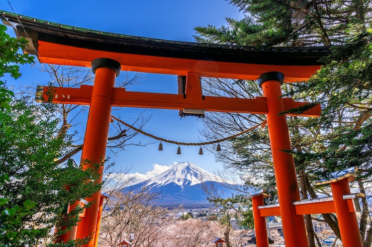 Foto grátis pólo vermelho e montanhas fuji no japão.