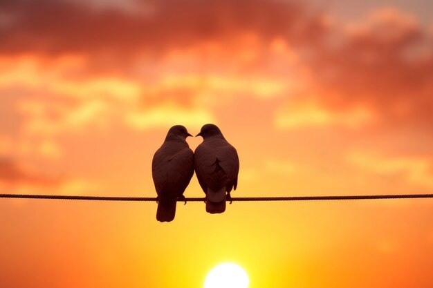 Pombos afetuosos sentados juntos em um fio ao pôr do sol