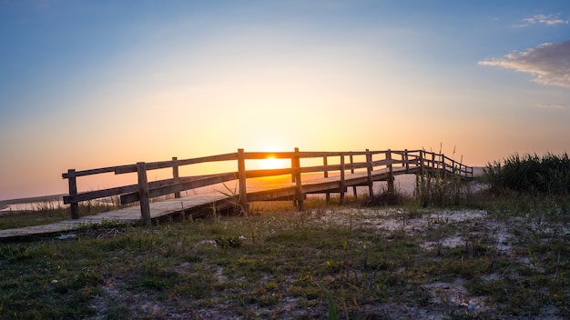 Foto grátis ponte de madeira em um campo com um lago durante o pôr do sol em portugal