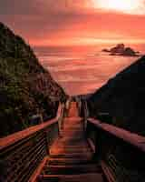 Foto grátis ponte de madeira para a praia durante o pôr do sol