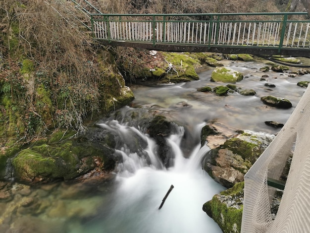 Ponte sobre um rio com longa exposição cercada por vegetação em um parque