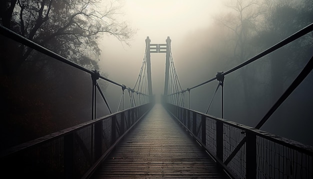 Foto grátis ponte suspensa desaparecendo na floresta nebulosa de outono gerada por ia