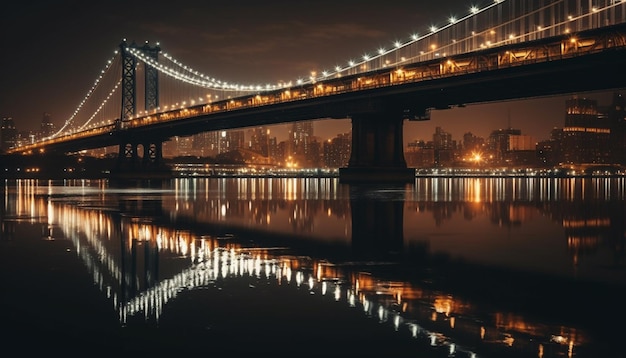 Foto grátis ponte suspensa iluminada reflete ao anoitecer gerada por ia