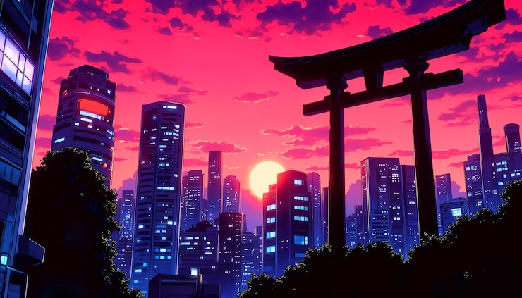 Foto grátis pôr-do-sol da cidade do anime