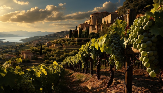 Foto grátis pôr do sol do crescimento da videira sobre a paisagem vitivinícola italiana de frutas maduras do vinhedo gerada por inteligência artificial