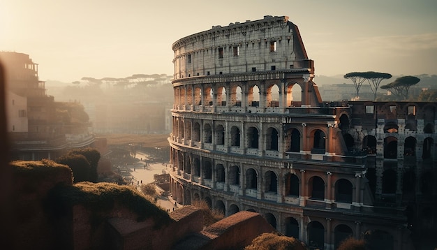 Pôr do sol ilumina ruínas antigas na paisagem urbana italiana gerada por ia