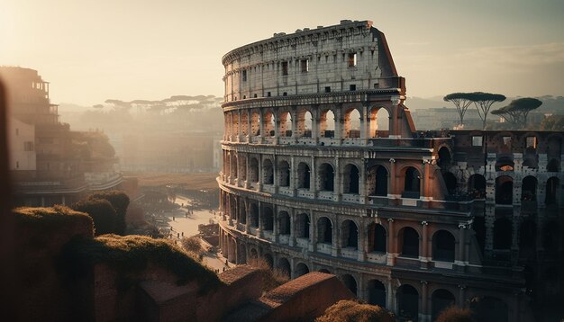 Pôr do sol ilumina ruínas antigas na paisagem urbana italiana gerada por IA