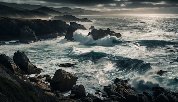 Pôr do sol majestoso sobre ondas quebrando em rochas geradas por IA