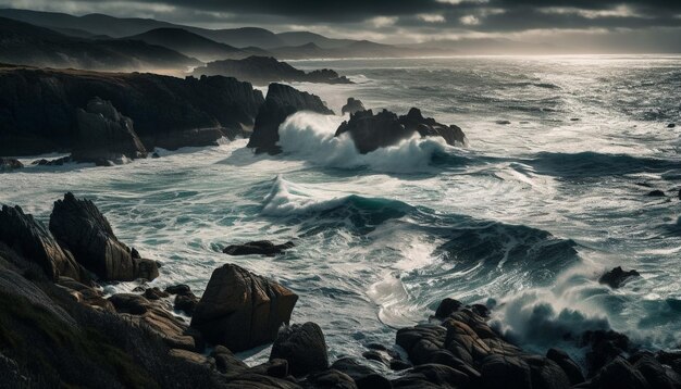 Pôr do sol majestoso sobre ondas quebrando em rochas geradas por IA