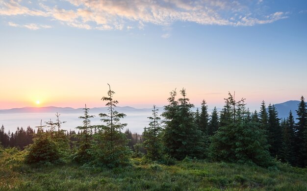 Pôr do sol na paisagem de montanhas. Céu dramático. Cárpatos da Ucrânia, Europa.