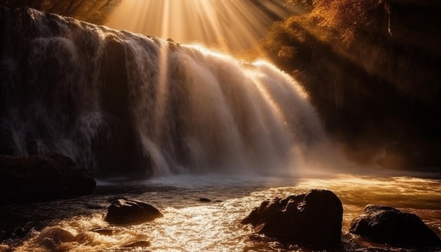 Foto grátis pôr do sol sobre a água corrente rápida majestosa da montanha gerada por ia