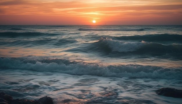 Pôr do sol sobre a onda tranquila do mar, salpicando a areia molhada gerada pela IA