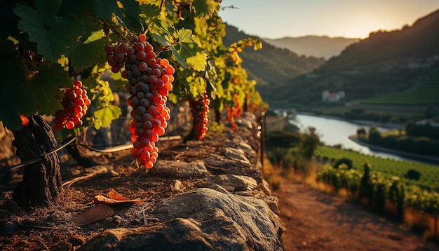 Foto grátis pôr do sol sobre a vinha com frutas maduras para colheita de vinificação gerada por inteligência artificial