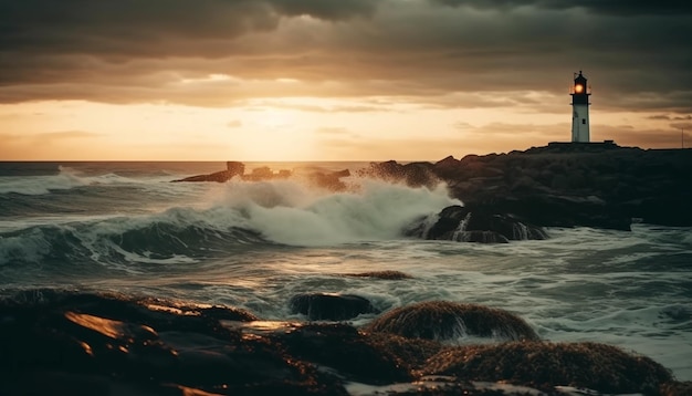 Pôr do sol sobre as ondas do litoral quebrando nas rochas geradas pela ia