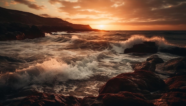 Foto grátis pôr do sol sobre as ondas tranquilas da paisagem marítima quebrando suavemente geradas pela ia