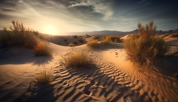 Pôr do sol sobre dunas de areia onduladas e beleza tranquila gerada por IA