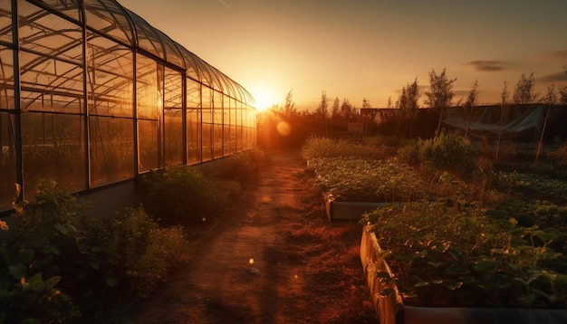 Foto grátis pôr do sol sobre o crescimento e a beleza da fazenda rural gerada pela ia