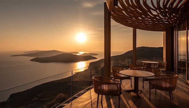 Foto grátis pôr do sol sobre o design moderno da varanda de santorini gerado pela ia